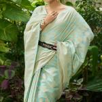 Vivacious Pista Lucknowi Silk Saree With Desultory Blouse Piece