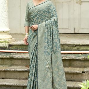 Twirling Sea Green Lucknowi Silk Saree With Outstanding Blouse Piece