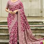 Efflorescence Wine Lucknowi Silk Saree With Sensational Blouse Piece