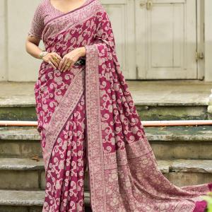 Efflorescence Wine Lucknowi Silk Saree With Sensational Blouse Piece
