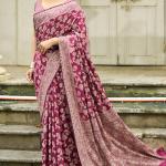 Efflorescence Wine Lucknowi Silk Saree With Sensational Blouse Piece