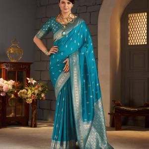 Luminous Firozi Banarasi Silk Saree With Ravishing Blouse Piece