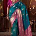 Engrossing Rama Pure Zari Weaving Banarasi Silk Saree With Symmetrical Blouse Piece