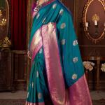 Engrossing Rama Pure Zari Weaving Banarasi Silk Saree With Symmetrical Blouse Piece
