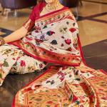 Pleasurable Off White Paithani Silk Saree With Flamboyant Blouse Piece