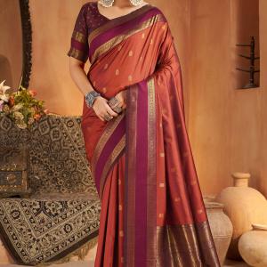 Jazzy Orange Pure Zari Weaving Banarasi Silk Saree With Stunning Blouse Piece