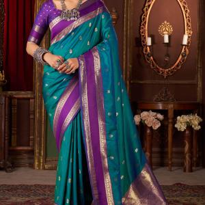 Grandiose Rama Pure Zari Weaving Banarasi Silk Saree With Stunner Blouse Piece
