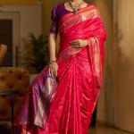 Mesmerising Dark Pink Pure Zari Weaving Banarasi Silk Saree With Enigmatic Blouse Piece