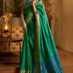 Ratatouille Green Pure Zari Weaving Banarasi Silk Saree With Snappy Blouse Piece