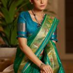 Ratatouille Green Pure Zari Weaving Banarasi Silk Saree With Snappy Blouse Piece