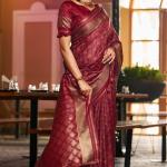 Majestic Maroon Pure Zari Weaving Banarasi Silk Saree With Grandiose Blouse Piece