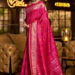 Ephemeral Dark Pink Pure Zari Weaving Banarasi Silk Saree With Outstanding Blouse Piece