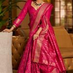 Ephemeral Dark Pink Pure Zari Weaving Banarasi Silk Saree With Outstanding Blouse Piece