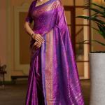 Woebegone Purple Pure Zari Weaving Banarasi Silk Saree With Ephemeral Blouse Piece