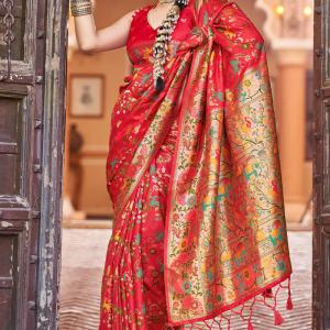 Innovative Red Paithani Silk Saree With Bucolic Blouse Piece