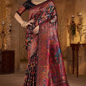 Dissemble Black Pashmina Saree With Forbearance Blouse Piece