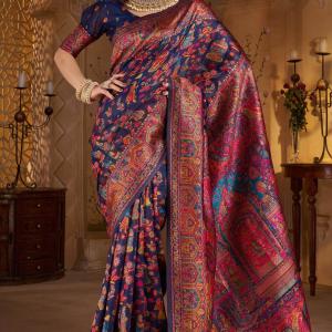 Diaphanous Navy Blue Pashmina Saree With Sumptuous Blouse Piece
