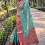 Sonorous Firozi Soft Banarasi Tissue Silk Saree With Brood Blouse Piece