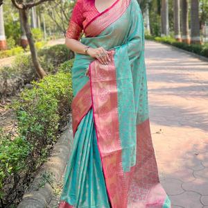 Sonorous Firozi Soft Banarasi Tissue Silk Saree With Brood Blouse Piece