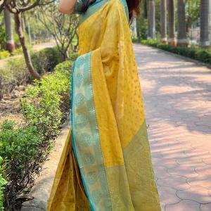 Eye-catching Yellow Soft Banarasi Tissue Silk Saree With Cynosure Blouse Piece