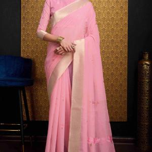 Nectarous Pink Cotton Silk Saree With Ethereal Blouse Piece