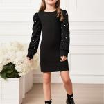 Girls Black Pearl Embellished Puff Sleeve Bodycon Dress