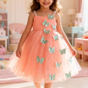 Peach Butterfly Applique Party Dress for Girls with Pearl Straps & Glitter Tulle