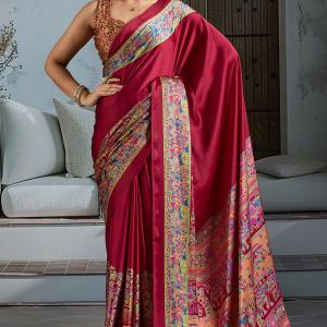 Ideal Maroon Ajrakh Printed Satin Silk Saree With Glamorous Blouse Piece