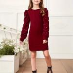 Girls Maroon Pearl Embellished Puff Sleeve Bodycon Dress