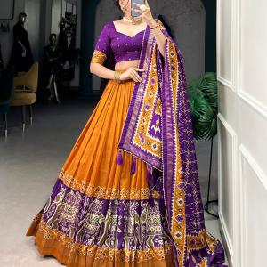 Ethnic Yellow & Purple Lehenga Choli with Tassels & Patola Print