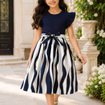 Girls Navy Blue Ribbed Dress with Striped A-Line Skirt & Waist Bow