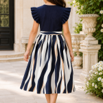 Girls Navy Blue Ribbed Dress with Striped A-Line Skirt & Waist Bow