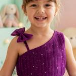 Girls Purple One-Shoulder Party Dress with Glitter Tulle & Crystal Belt