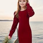 Girls Maroon Pearl Embellished Puff Sleeve Bodycon Dress