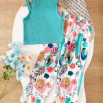 Girls Teal Ribbed Sleeveless Crop Top & Multicolor Printed Pants Set