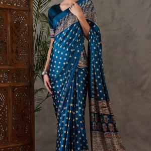 Sumptuous Rama Ajrakh Printed Semi Modal Silk Saree With Staggering Blouse Piece