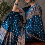 Sumptuous Rama Ajrakh Printed Semi Modal Silk Saree With Staggering Blouse Piece