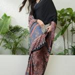 Seraphic Black Ajrakh Printed Semi Modal Silk Saree With Flattering Blouse Piece