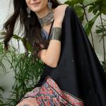 Seraphic Black Ajrakh Printed Semi Modal Silk Saree With Flattering Blouse Piece