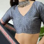 Seraphic Black Ajrakh Printed Semi Modal Silk Saree With Flattering Blouse Piece