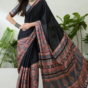 Seraphic Black Ajrakh Printed Semi Modal Silk Saree With Flattering Blouse Piece
