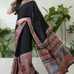 Seraphic Black Ajrakh Printed Semi Modal Silk Saree With Flattering Blouse Piece