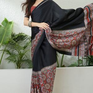 Marvellous Black Ajrakh Printed Semi Modal Silk Saree With Gratifying Blouse Piece