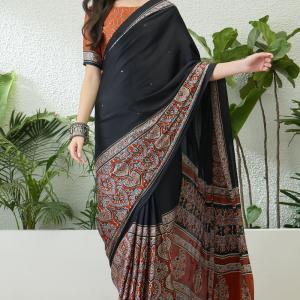 Invaluable Black Ajrakh Printed Semi Modal Silk Saree With Jazzy Blouse Piece