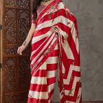 Pretty Red Ajrakh Printed Semi Modal Silk Saree With Impressive Blouse Piece