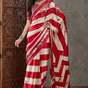 Pretty Red Ajrakh Printed Semi Modal Silk Saree With Impressive Blouse Piece