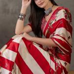 Pretty Red Ajrakh Printed Semi Modal Silk Saree With Impressive Blouse Piece