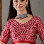 Pretty Red Ajrakh Printed Semi Modal Silk Saree With Impressive Blouse Piece