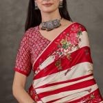 Pretty Red Ajrakh Printed Semi Modal Silk Saree With Impressive Blouse Piece