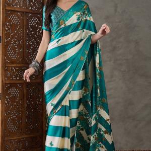 Scintillating Rama Ajrakh Printed Semi Modal Silk Saree With Smashing Blouse Piece